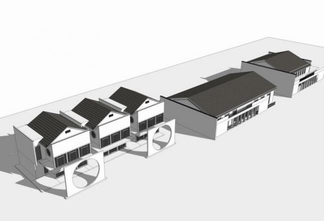 Sketchup商业模型|联排商铺，商业建筑，中式风格