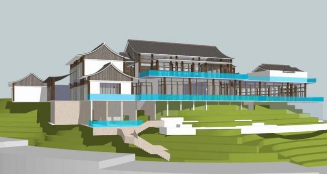 Sketchup酒店模型|多层山地酒店，中式风格