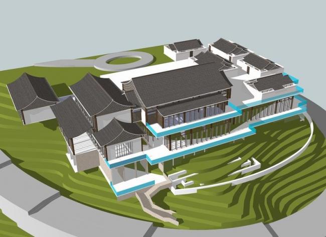 Sketchup酒店模型|多层山地酒店，中式风格