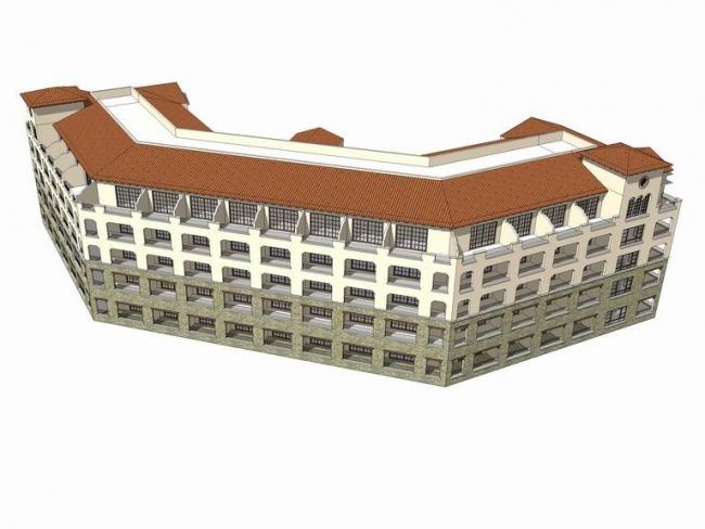 Sketchup酒店模型|多层公寓酒店，西班牙风格，古典风格
