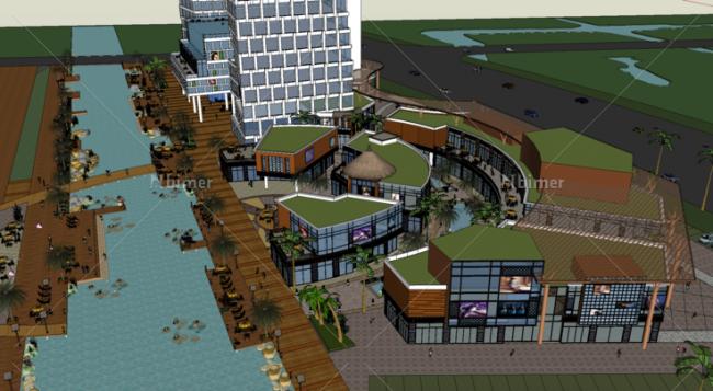 Sketchup综合体模型|多高层混合商业综合体，高层住宅公寓，滨河，现代风格，奥特莱斯