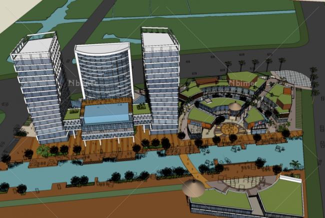 Sketchup综合体模型|多高层混合商业综合体，高层住宅公寓，滨河，现代风格，奥特莱斯