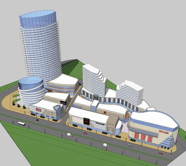 Sketchup综合体模型|高层办公楼，商业街，多层高层混合综合体，现代风格