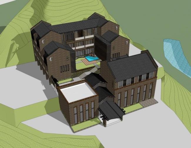 Sketchup商业模型|多层山地会所，商业建筑，新中式风格