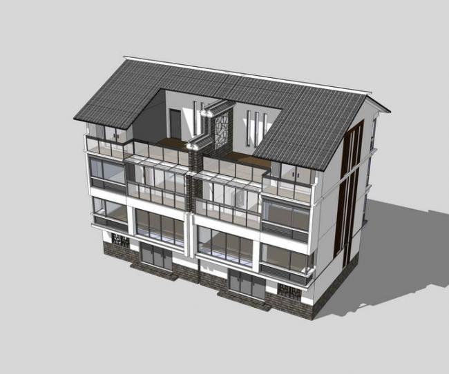 Sketchup住宅模型|多层农村住宅，居住建筑，中式风格