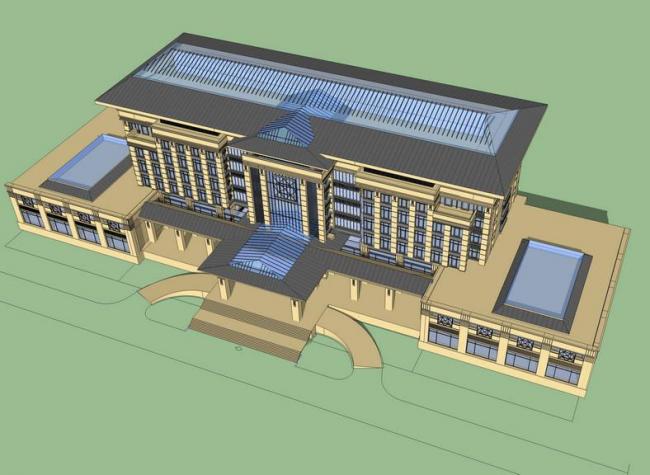 Sketchup办公模型|多层政府办公楼，新中式风格