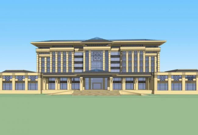 Sketchup办公模型|多层政府办公楼，新中式风格