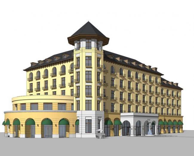 Sketchup酒店模型|多层拐角酒店，法式风格，古典风格