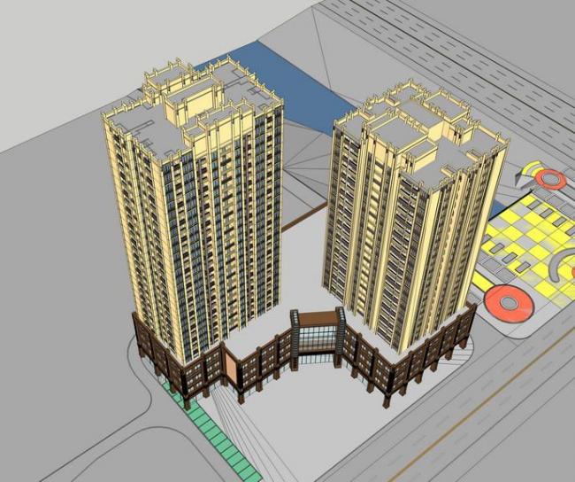 Sketchup住宅模型|高层住宅，Artdeco风格，古典风格，底层商业，居住建筑
