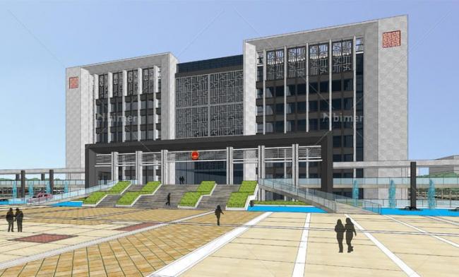 Sketchup办公模型|多层办公政府大楼，现代风格，景观设计，水景，新中式风格