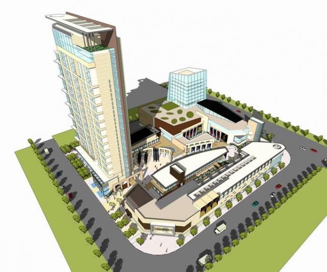 Sketchup办公模型|高层办公楼，底层商业，现代风格