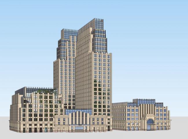 Sketchup办公模型|多层高层混合办公楼，新古典风格