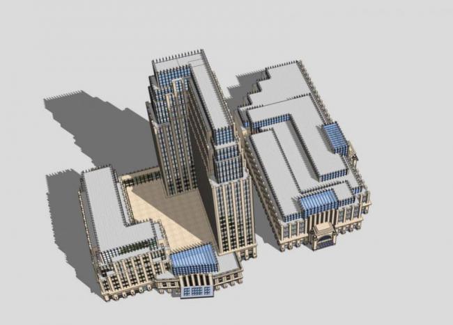 Sketchup办公模型|多层高层混合办公楼，新古典风格