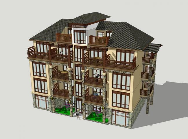 Sketchup住宅模型|多层住宅洋房，居住建筑，东南亚风格