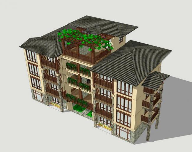Sketchup住宅模型|多层住宅洋房，居住建筑，东南亚风格，古典风格