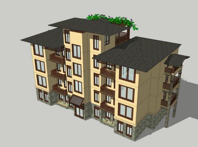 Sketchup住宅模型|多层住宅洋房，居住建筑，东南亚风格，古典风格