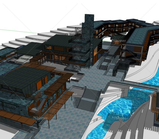 Sketchup酒店模型|多层酒店，山地旅馆，现代风格