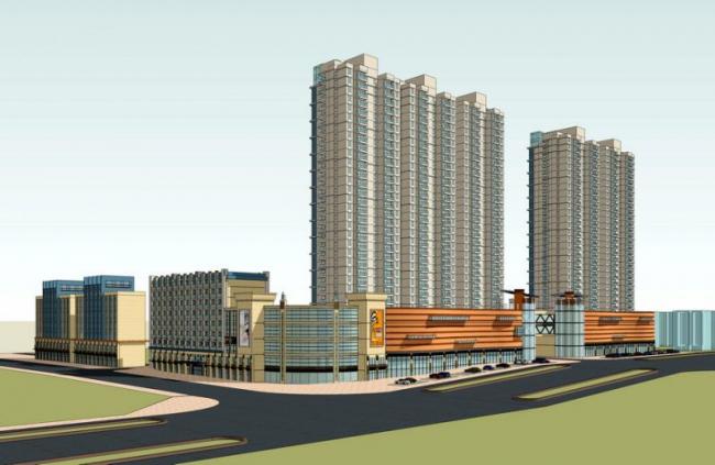 Sketchup住宅模型|高层住宅，底层商业，商业裙房，现代风格