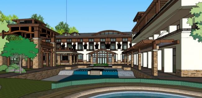Sketchup酒店模型|多层温泉酒店，新中式风格