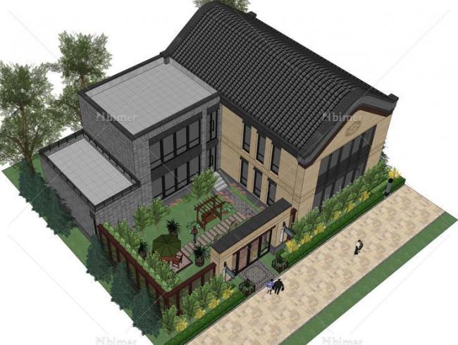 Sketchup商业模型|多层商业街，滨水，中式风格，古建