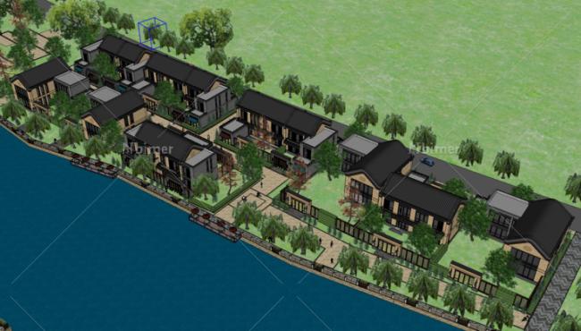 Sketchup商业模型|多层商业街，滨水，中式风格，古建