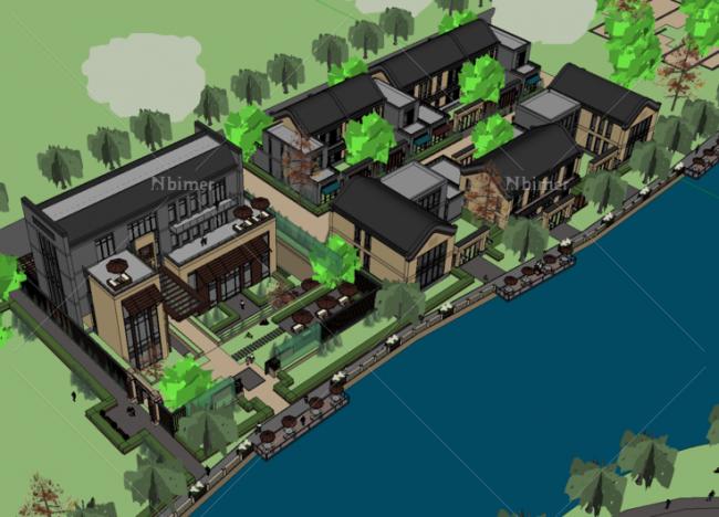 Sketchup商业模型|多层商业街，滨水，中式风格，古建