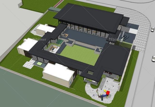 Sketchup商业模型|多层商业售楼处，庭院，新中式风格