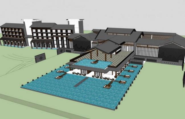 Sketchup酒店模型|多层温泉酒店，新中式风格