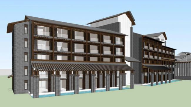 Sketchup酒店模型|多层温泉酒店，新中式风格