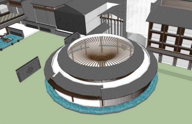 Sketchup酒店模型|多层温泉酒店，新中式风格