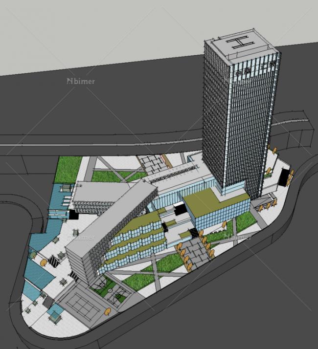 Sketchup办公模型|多高层混合办公，写字楼，现代风格