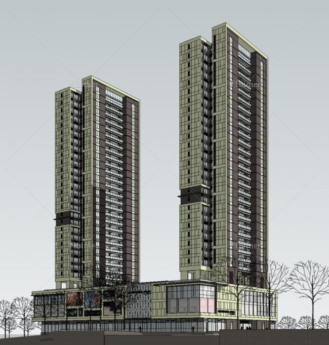 Sketchup综合体模型|多高层混合商业综合体，高层住宅，底层商业，现代风格
