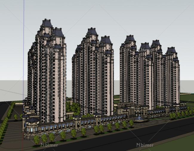 Sketchup住宅模型|高层住宅，底商，欧式古典风格，居住建筑