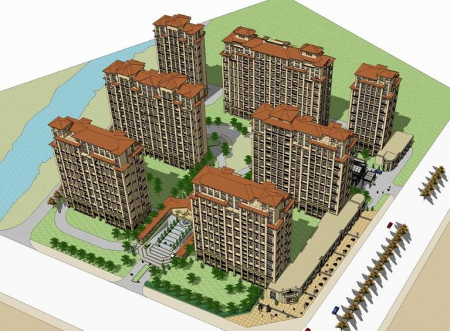 Sketchup住宅模型|高层住宅小区，底层商业，西班牙古典风格，居住建筑