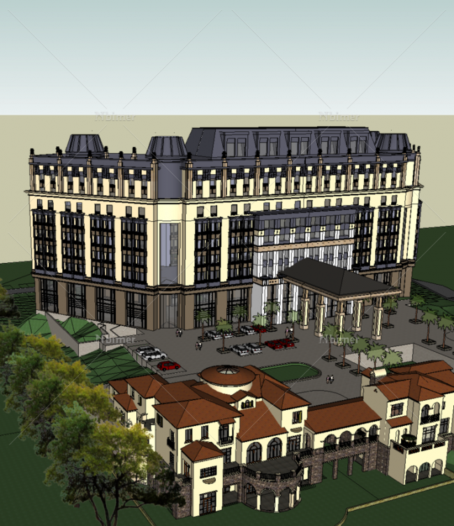 Sketchup酒店模型|多层酒店售楼处会所，新古典风格