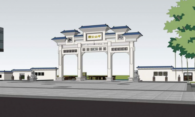 Sketchup办公模型|高层办公楼，现代风格，中式牌坊