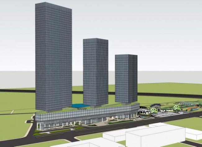 Sketchup办公模型|高层办公楼，现代风格，中式牌坊