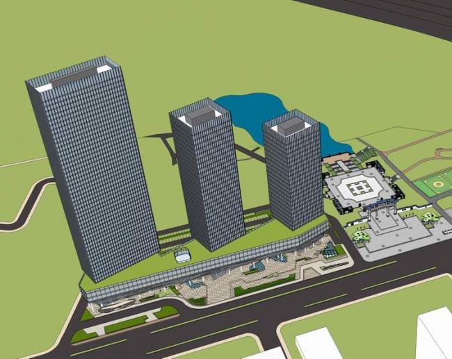 Sketchup办公模型|高层办公楼，现代风格，中式牌坊