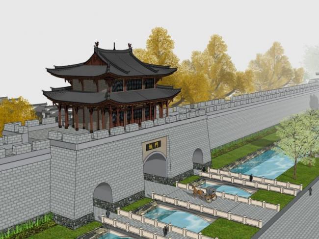 Sketchup景观模型|城墙景观，中式风格，古建