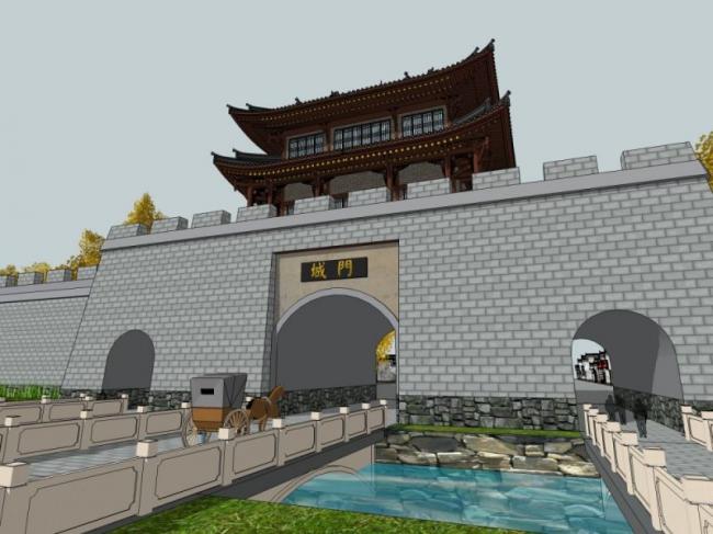 Sketchup景观模型|城墙景观，中式风格，古建