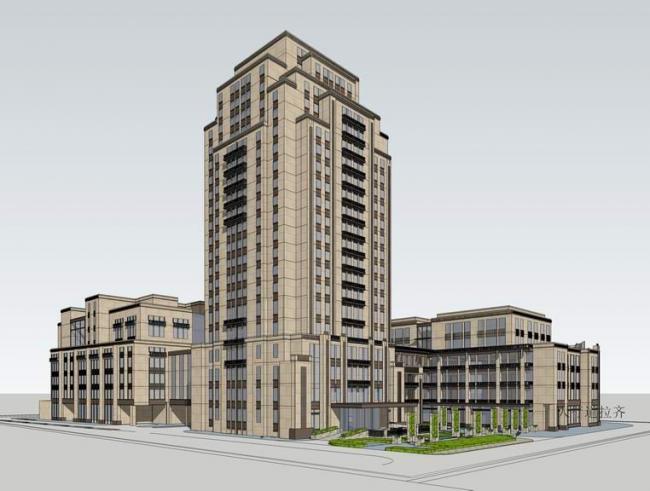 Sketchup办公模型|多层高层混合办公楼，新古典风格