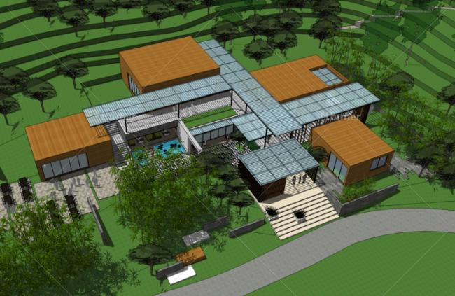 Sketchup商业模型|多层平屋顶山地会所，现代风格
