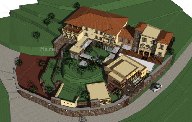 Sketchup商业模型|多层山地会所，地中海风格，古典风格