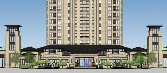 Sketchup商业模型|多层售楼处会所，底商，景观园林，新古典风格