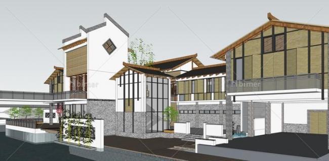 Sketchup商业模型|多层商业会所，新中式风格，景观，水景