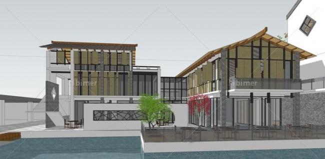 Sketchup商业模型|多层商业会所，新中式风格，景观，水景