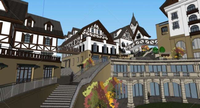 Sketchup商业模型|多层瑞士风情商业街，欧式风格，古典风格