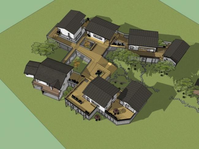 Sketchup住宅模型|多层农家乐民宿，中式风格