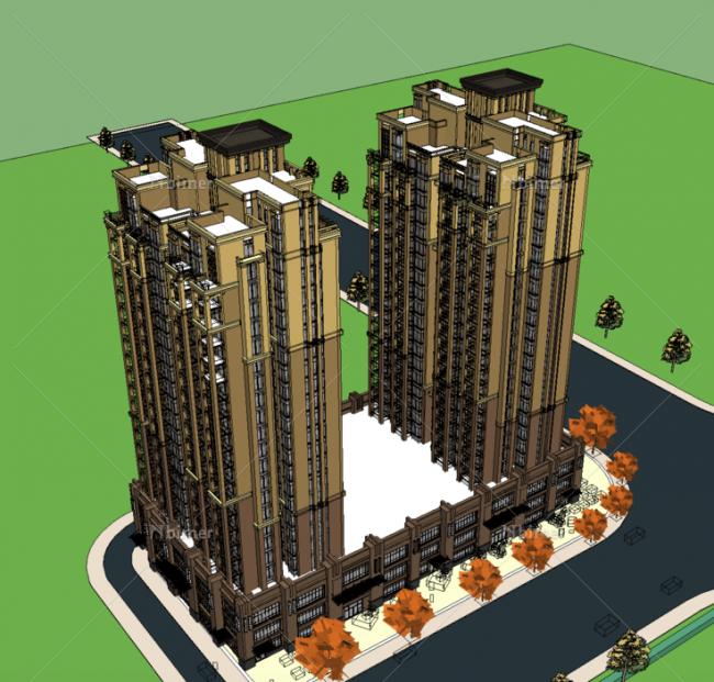 Sketchup住宅模型|高层住宅，古典风格，底商