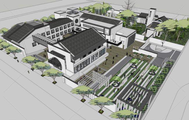 Sketchup酒店模型|多层度假酒店，徽派，新中式风格